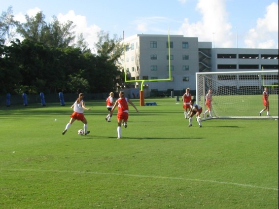 Women's soccer players and coaches at Friday's (Aug. 6, 2010) 8 a.m. training session.