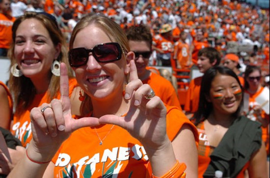 A University of Miami student shows her support for the Hurricanes before a game against Marshall at the Orange Bowl on September 1, 2007. The...