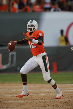 University of Miami Hurricanes quarterback Jacory Harris #12 plays in a game against the Bethune Cookman Wildcats at Sun Life Stadium on October 1,...