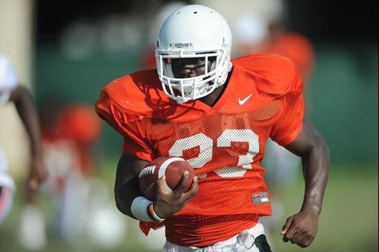 University of Miami Hurricanes running back Eduardo Clements #23 practices at Greentree Practice Field on August 13 in afternoon drills to prepare for...