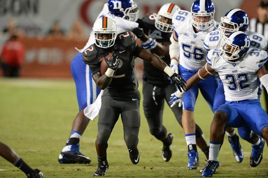University of Miami Hurricanes running back Joseph Yearby #2 plays in a game against the Duke Blue Devils at Sun Life Stadium on September 27, 2014....