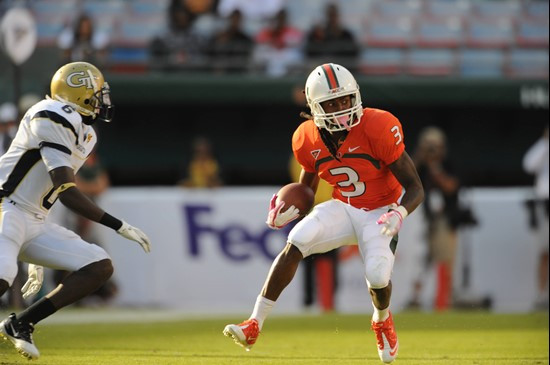 University of Miami Hurricanes wide receiver Travis Benjamin #3 plays in a game against the Georgia Tech Yellow Jackets at Sun Life Stadium on October...