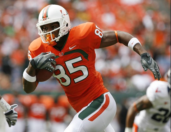 Miami receiver Leonard Hankerson (85) runs into the end zone after catching a pass to score a touchdown during the first quarter of an NCAA college...
