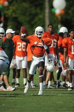 University of Miami Hurricanes players Jacory Harris #12 at Greentree practice fields training for the upcoming 2010 season. The practice was open for...