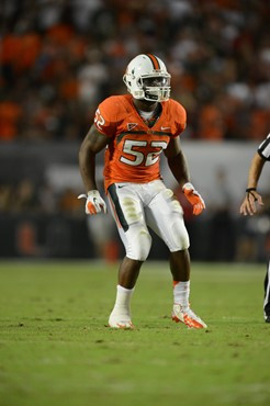 University of Miami Hurricanes linebacker Denzel Perryman #52 plays in a game against the Florida State Seminoles at Sun Life Stadium on October 20,...