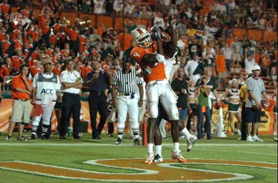 University of Miami Hurricanes wide receiver Lance Leggett #9 caught 7 passes for 77 yards and 2 touchdowns against the Florida International...
