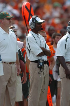 University of Miami head coach Randy Shannon watches his team from the sidelines at the Hurricanes beat Marshall University by a final score of 31-3...