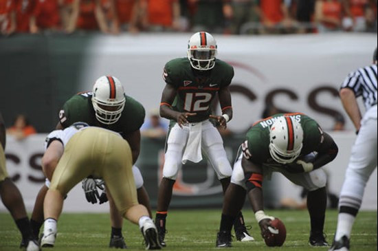 University of Miami Hurricanes quarterback Jacory Harris #12 plays in a game against the Deamon Deacons of Wake Forest at Dolphin Stadium on October...