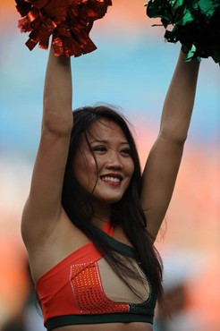 A University of Miami Hurricane cheerleader performs for fans in a game against the University of Central Florida Knights at Dolphin Stadium on...