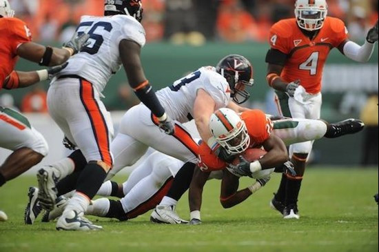 University of Miami Hurricanes running back Mike James #22 plays in a game against the Virginia Cavaliers at Land Shark Stadium on November 7, 2009. ...