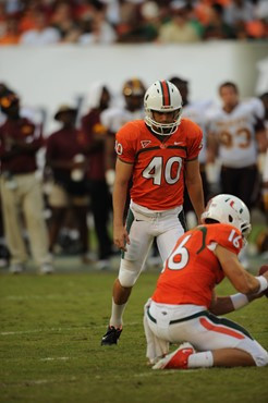 University of Miami Hurricanes kicker Jake Wieclaw #40 plays in a game against the Bethune Cookman Wildcats at Sun Life Stadium on October 1, 2011. ...