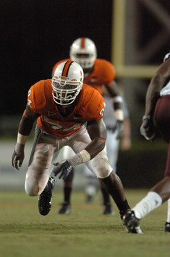 University of Miami defensive end Eric Moncur #94 rushes in a game against the Texas A&M Aggies at the Orange Bowl on September 20, 2007. The...