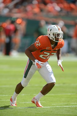 University of Miami Hurricanes defensive back Kacy Rodgers ll #22 plays in a game against the North Carolina Tar Heels at Sun Life Stadium on October...