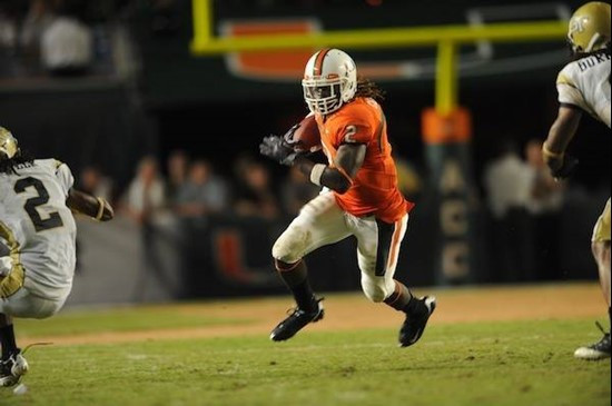 University of Miami Hurricanes running back Graig Cooper #2 carries the ball in a game against the Georgia Tech Yellow Jackets at Land Shark Stadium...