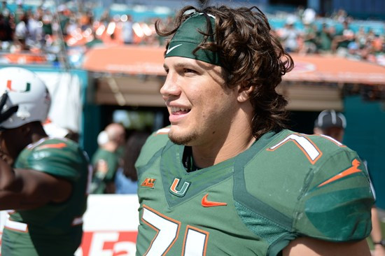 University of Miami Hurricanes defensive lineman Anthony Chickillo #71 plays in a game against the North Carolina Tar Heels at Sun Life Stadium on...