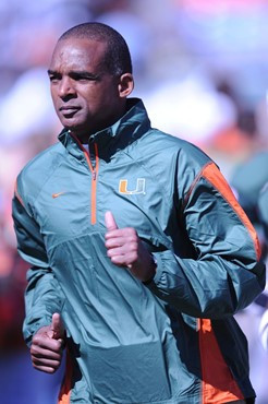 University of Miami Hurricanes head coach Randy Shannon leads his team on the field in a game against the Maryland Terrapins at Sun Life Stadium on...