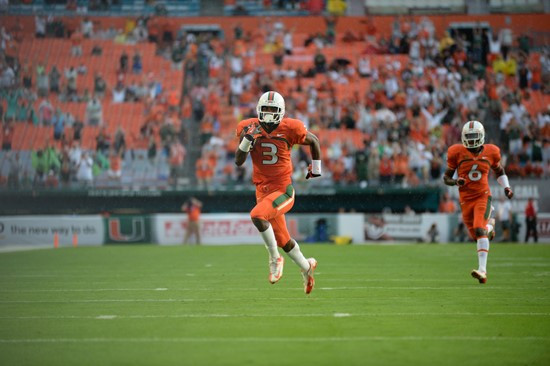 University of Miami Hurricanes wide receiver Stacy Coley #3 plays in a game against the Virginia Cavaliers at Sun Life Stadium on November 23, 2013. ...