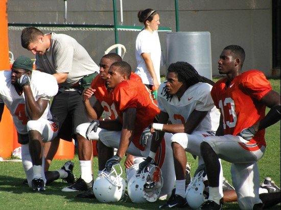 Aldarius Johnson (4), Brandon McGee (21), Brandon Harris (1), Travis Benjamin (3) and Ryan Hill (13) at practice Tuesday morning at the Greentree...