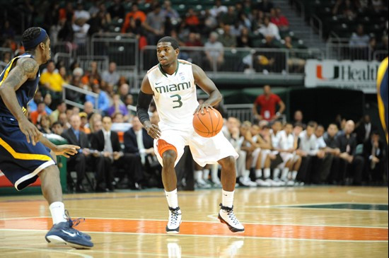 University of Miami Hurricanes guard, Malcolm Grant #3, plays host to 2010 NCAA Final Four participant West Virginia at the BankUnited Center on...