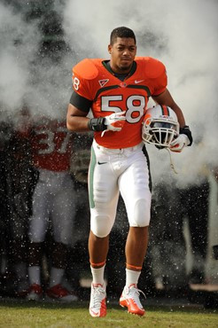 University of Miami Hurricanes linebacker Jordan Futch #58 plays in a game against the Boston College Eagles at Sun Life Stadium on November 25, 2011....