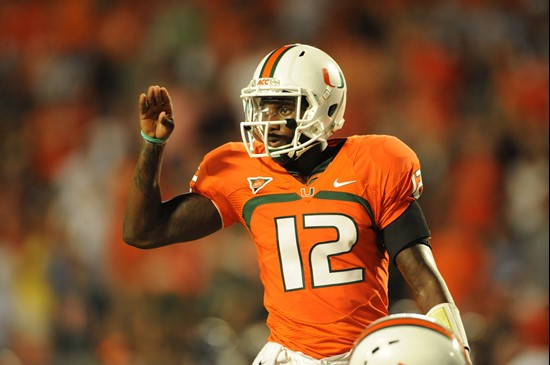 University of Miami Hurricanes quarterback Jacory Harris #12 plays in a game against the Virginia Cavaliers at Sun Life Stadium on October 27, 2011....