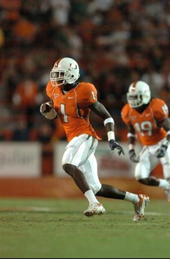 Univeristy of Miami safety Kenny Phillips #1 had 1 solo tackle and 1 assist against the Virginia Tech Hokies at the Orange Bowl on November 4, 2006....