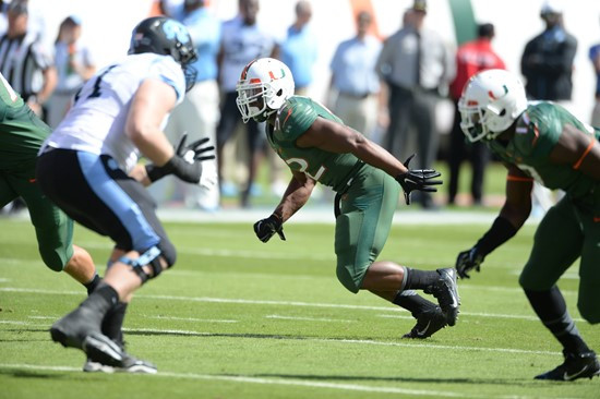 University of Miami Hurricanes linebacker Denzel Perryman #52 plays in a game against the North Carolina Tar Heels at Sun Life Stadium on November 1,...