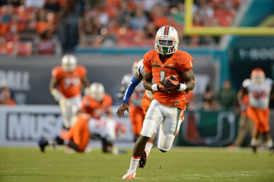 University of Miami Hurricanes defensive back Artie Bums #1 plays in a game against the Savannah State Tigers at Sun Life Stadium on September 21,...