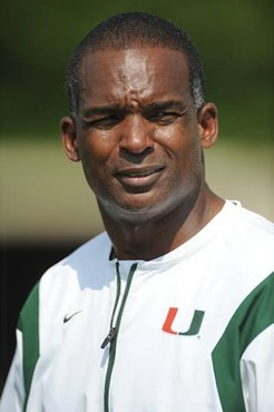 University of Miami Hurricanes head coach Randy Shannon leads his team in drills at Greentree Practice Field on August 13 to prepare for the upcoming...