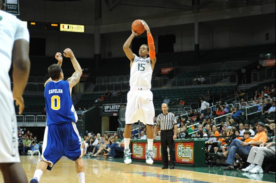 University of Miami Hurricanes guard Rion Brown #15 plays in a game against the Mcneese State Cowboys at the BankUnited Center on November 24, 2010. ...