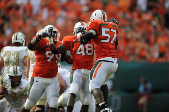 University of Miami Hurricanes defensive lineman Allen Bailey #57 celebrates the sack in a game against the University of Central Florida Knights at...