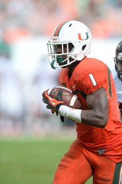 University of Miami Hurricanes wide receiver Allen Hums #1 catches a ball in a game against the Virginia Cavaliers at Sun Life Stadium on November 23,...