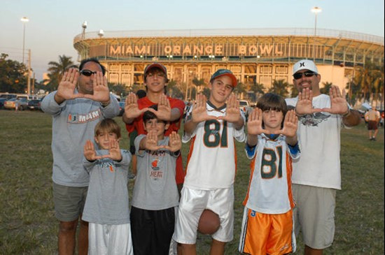 University of Miami Hurricane fans pose for a photograph before a game between the Miami Hurricanes and the Virginia Cavaliers at the Orange Bowl on...