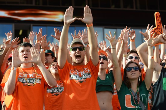 A University of Miami Hurricanes fan shows his team spirit in a game against the University of South Florida Bulls at Sun Life Stadium on November 17,...