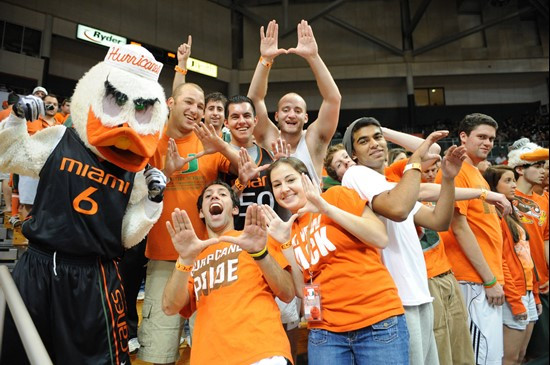 Fans cheer for The University of Miami Hurricanes as they play host to 2010 NCAA Final Four participant West Virginia at the BankUnited Center on...