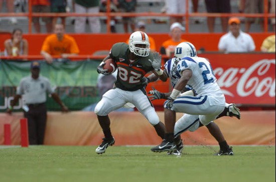 University of Miami wide receiver Kayne Farquharson #82 caught 6 passes for 46 yards and a touchdown in a game against the Duke University Blue Devils...