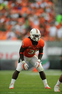 University of Miami Hurricanes linebacker Sean Spence #31 plays in a game against the Duke Blue Devils at Sun Life Stadium on November 5, 2011.  Photo...