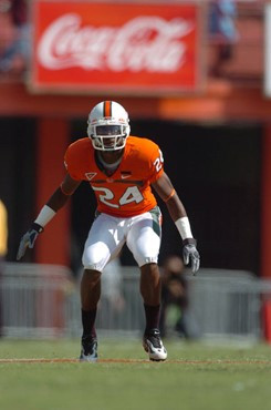 University of Miami defensive back Chavez Grant #24 drops into coverage in a game against the North Carolina State Wolfpack at the Orange Bowl on...