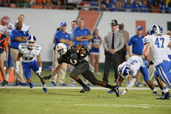 University of Miami Hurricanes wide receiver Herb Waters #6 plays in a game against the Duke Blue Devils at Sun Life Stadium on September 27, 2014. ...