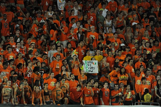 University of Miami Hurricane fans show their team spirit in a game against the Ohio State Buckeyes at Sun Life Stadium on September 17, 2011. Photo...