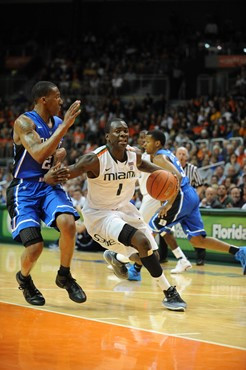 University of Miami Hurricanes guard, Durand Scott, #1, plays host to the Duke Blue Devils at the BankUnited Center on February 13, 2011. Photo by...