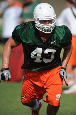 University of Miami cornerback, John Calhoun #43, in his first spring practice at Greentree Practice fields on March 5, 2011 on the University of...