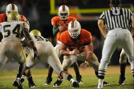 University of Miami Hurricanes guard A.J. Trump #70 plays in a game against the Georgia Tech Yellow Jackets at Land Shark Stadium on September 17,...