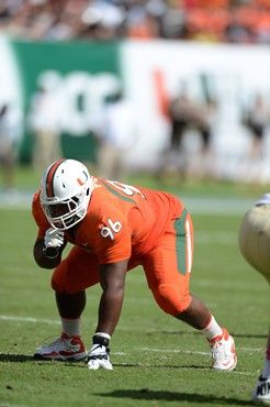 University of Miami Hurricanes defensive lineman Curtis Porter #96 plays in a game against the Wake Forest Demon Deacons at Sun Life Stadium on...
