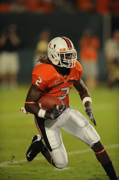 University of Miami Hurricanes running back Graig Cooper #2 carries the ball in a game against the Georgia Tech Yellow Jackets at Land Shark Stadium...