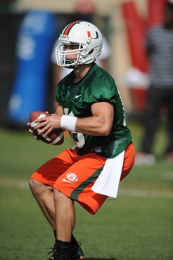 University of Miami quarterback, Spencer Whipple #16, in his first spring practice at Greentree Practice fields on March 5, 2011 on the University of...