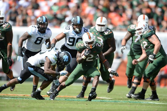 University of Miami Hurricanes running back Joseph Yearby #2 plays in a game against the North Carolina Tar Heels at Sun Life Stadium on November 1,...