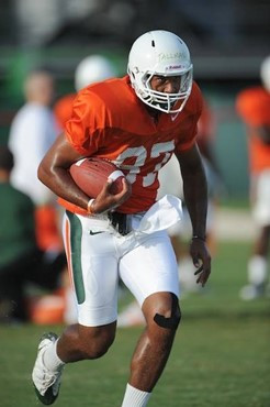 University of Miami Hurricanes players Andrew Tallman #87 at Cobb Stadium training for the upcoming 2010 season. The practice was open for Season...