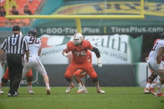 University of Miami Hurricanes offensive lineman Jared Wheeler #75 gets set to block against the Virginia Cavaliers at Sun Life Stadium on November...