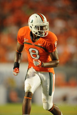 University of Miami Hurricanes wide receiver Tommy Streeter #8 Catches a ball in a game against the Virginia Cavaliers at Sun Life Stadium on October...